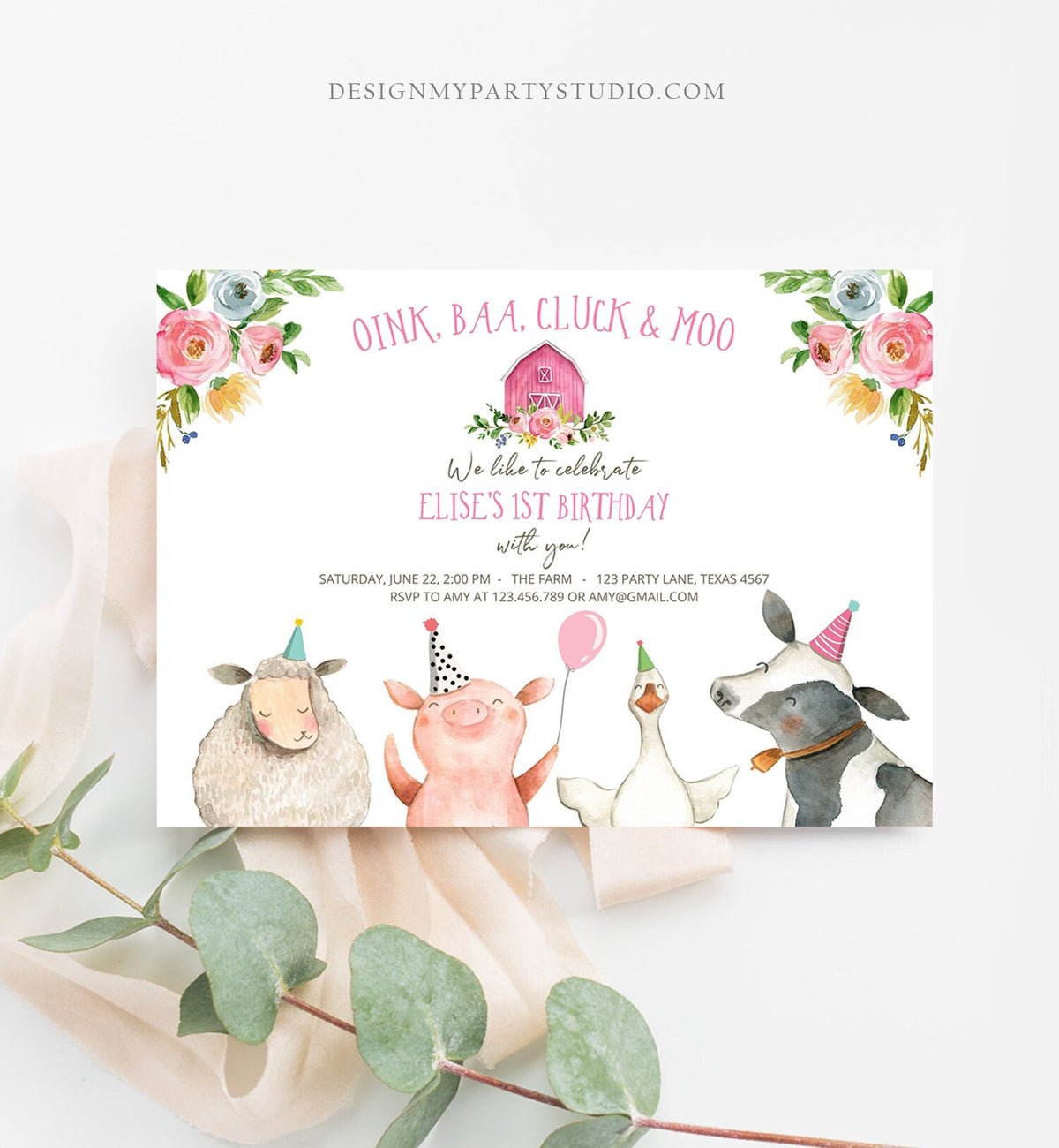 Editable Farm Animals Birthday Invitation Girl Farm Pink Floral Barn Barnyard Party Animals Digital Download Corjl Template Printable 0155