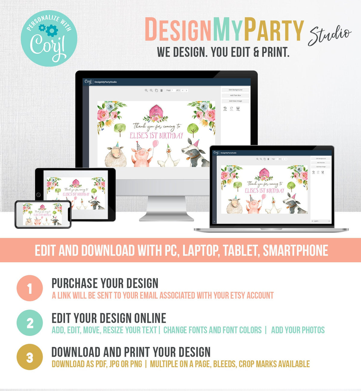 Farm Animals Gable Gift Box Label Pink Farm Birthday Girl Treat Box Label Floral Barnyard Party Farm Digital Download Printable Corjl 0155