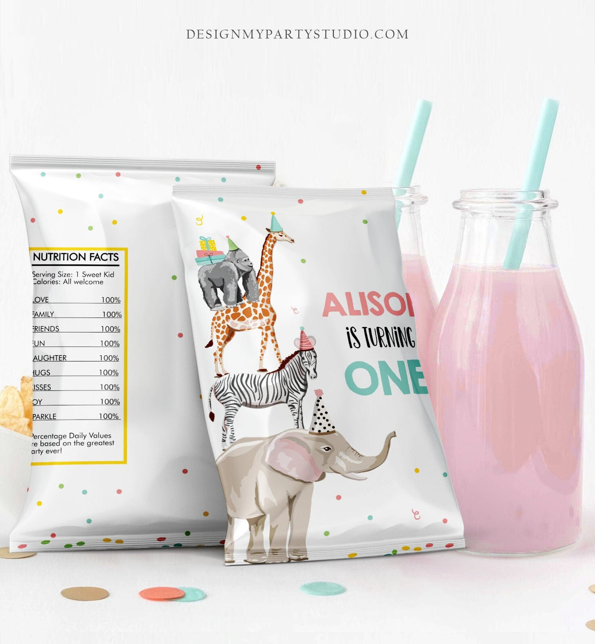 Editable Party Animals Birthday Chip Bag First Birthday Decor Girl Zoo Safari Animals Snack Favors Wild One Pink Digital Corjl Template 0142