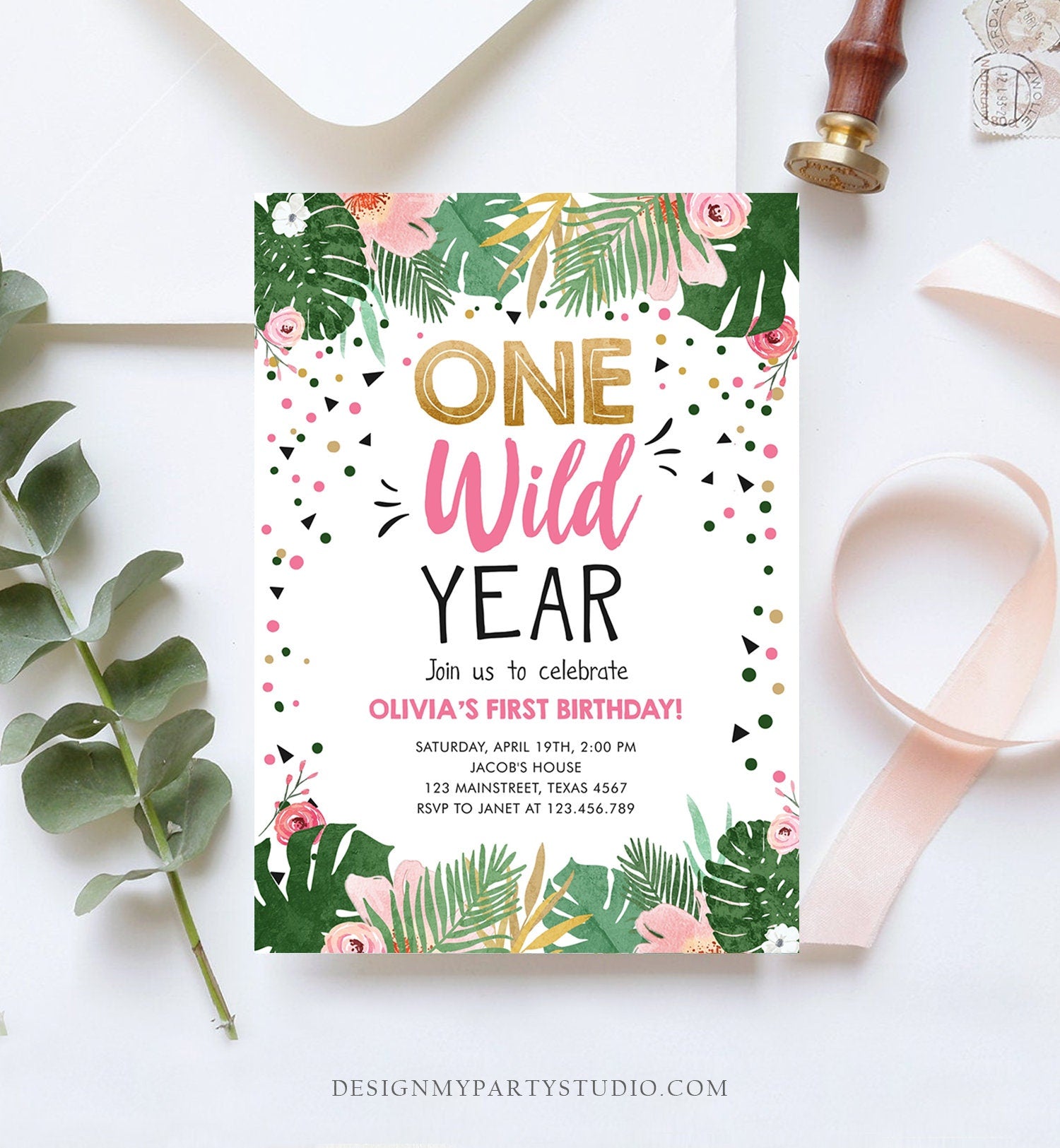Editable One Wild Year Birthday Invitation Girl Tropical Safari Animals Party Pink Wild One Gold Digital Download Template Printable 0332