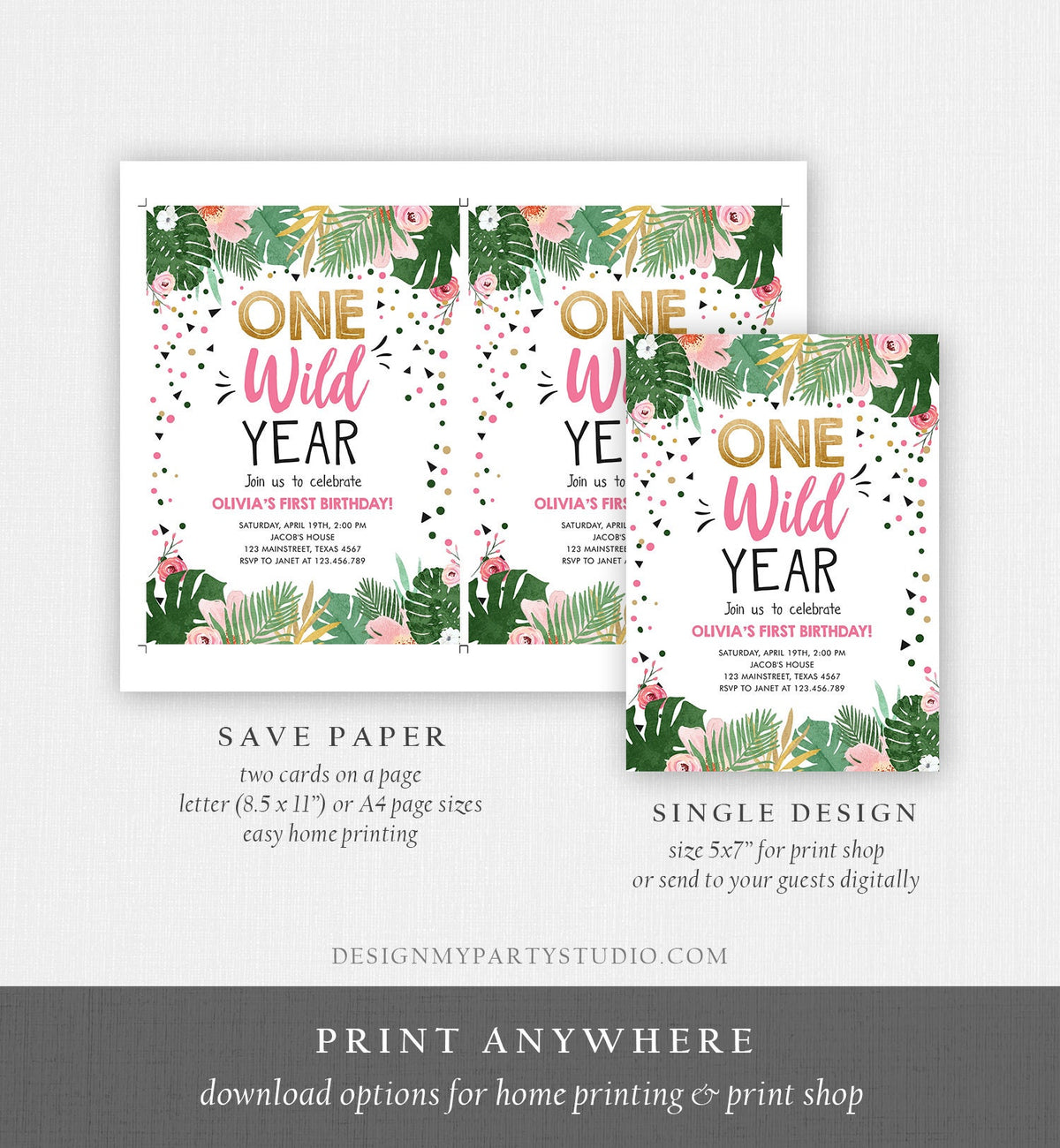 Editable One Wild Year Birthday Invitation Girl Tropical Safari Animals Party Pink Wild One Gold Digital Download Template Printable 0332