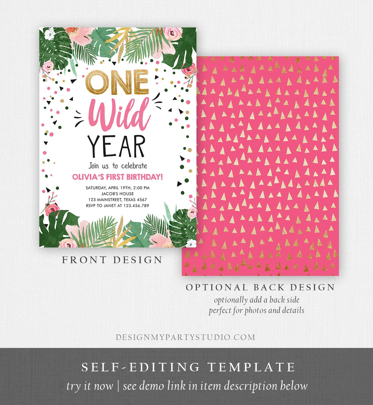 Editable One Wild Year Birthday Invitation Girl Tropical Safari Animals Party Pink Wild One Gold Digital Download Template Printable 0332
