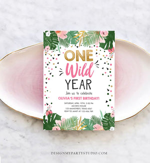 Editable One Wild Year Birthday Invitation Girl Tropical Safari Pink Jungle Wild One Wild Child Gold Download Corjl Template Printable 0332