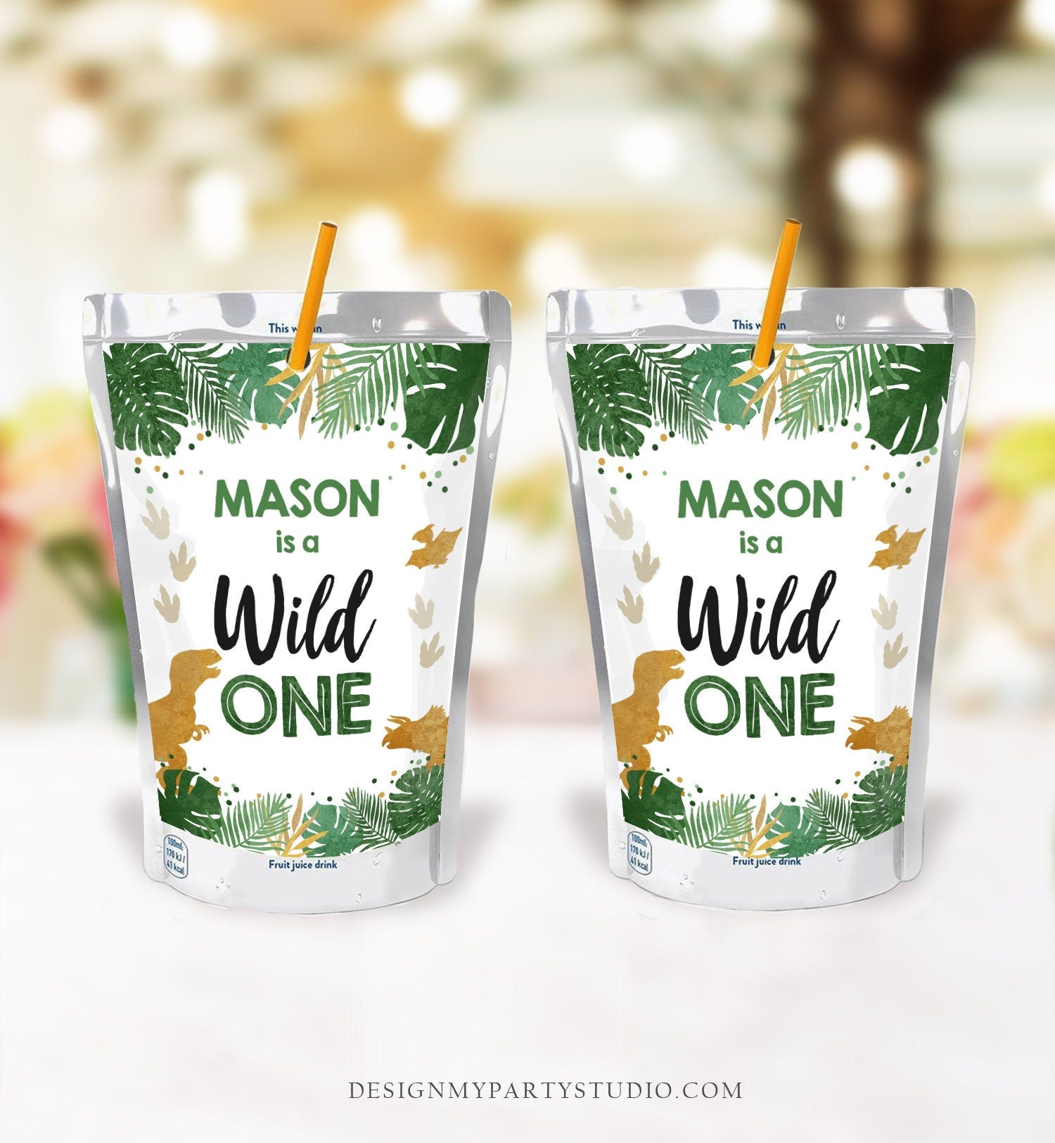 Editable Wild One Dinosaur Juice Pouch Label Juice Favors Gold Dino Boy Birthday T-Rex Dinosaur Digital Download Template Printable 0146