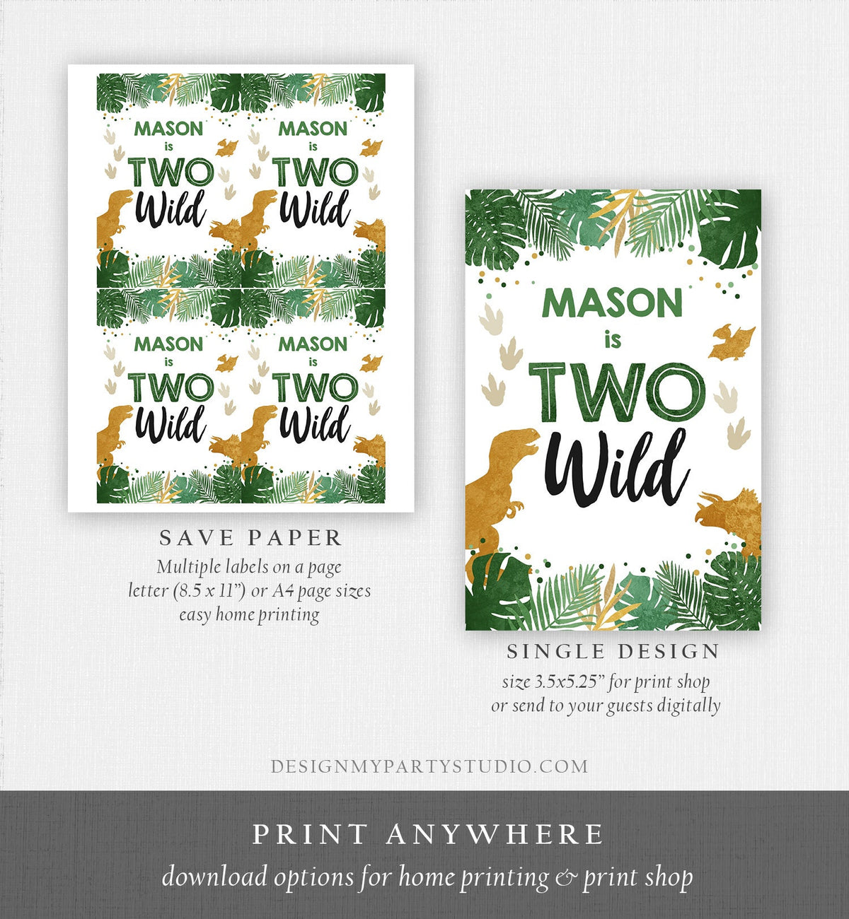 Editable Dinosaur Juice Pouch Label Juice Favors Gold Dino Boy Birthday T-Rex Dinosaur Two Wild Digital Download Template Printable 0146