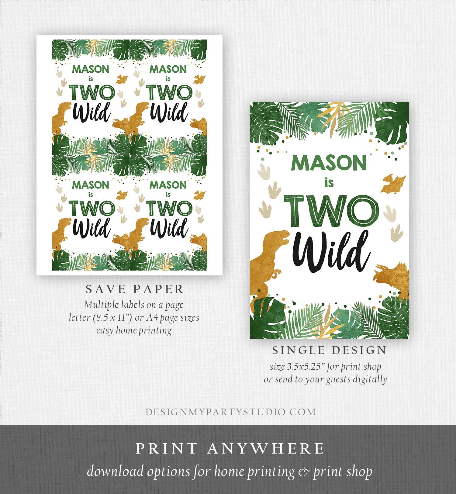 Editable Dinosaur Juice Pouch Label Juice Favors Gold Dino Boy Birthday T-Rex Dinosaur Two Wild Digital Download Template Printable 0146