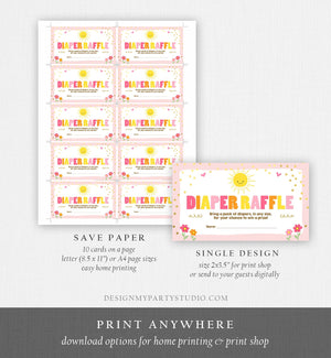 Editable Little Sunshine Diaper Raffle Ticket Ray of Sunshine Baby Shower Girl Pink Sunshine Ticket Download Corjl Template Printable 0070