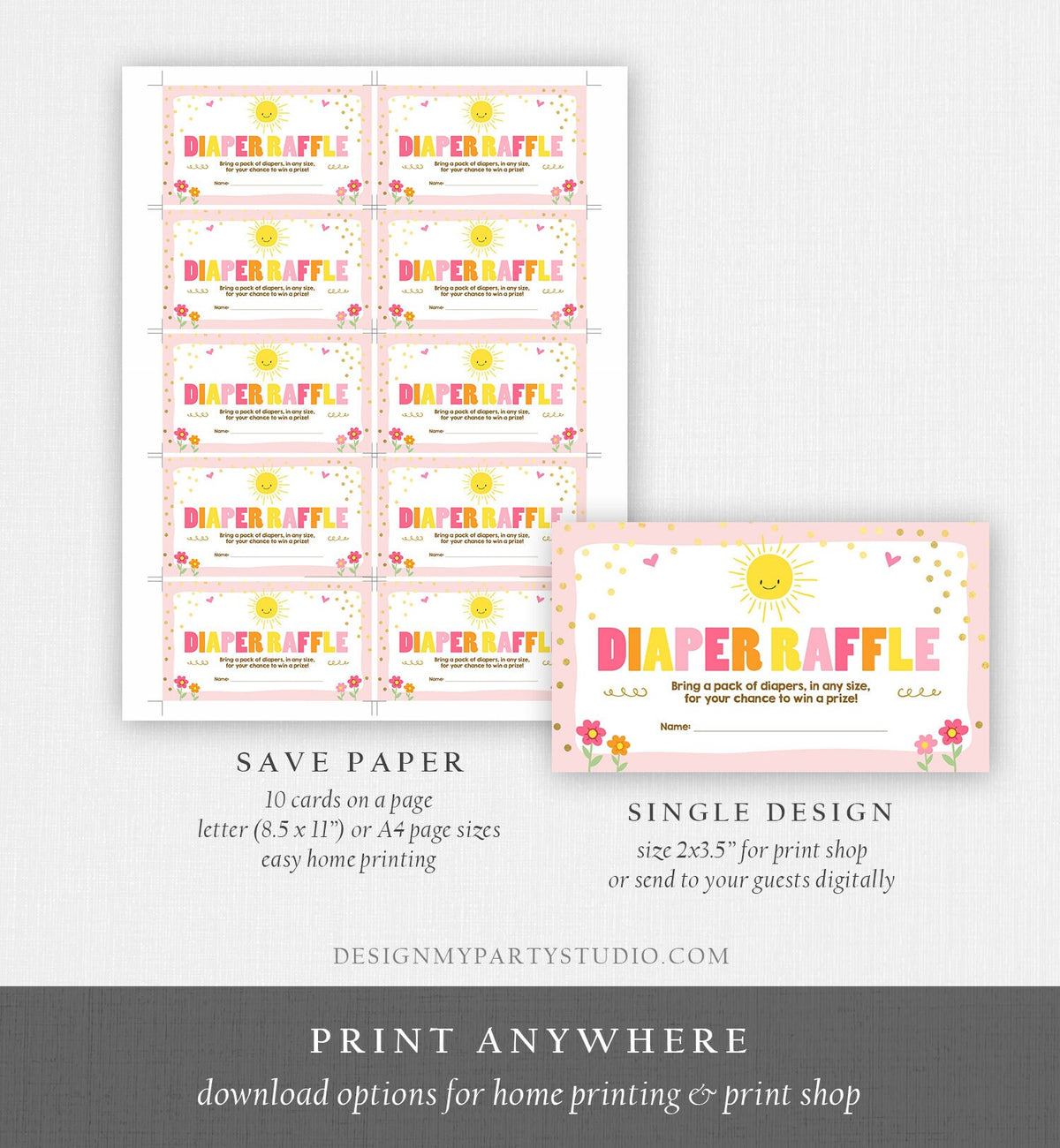 Editable Little Sunshine Diaper Raffle Ticket Ray of Sunshine Baby Shower Girl Pink Sunshine Ticket Download Corjl Template Printable 0070