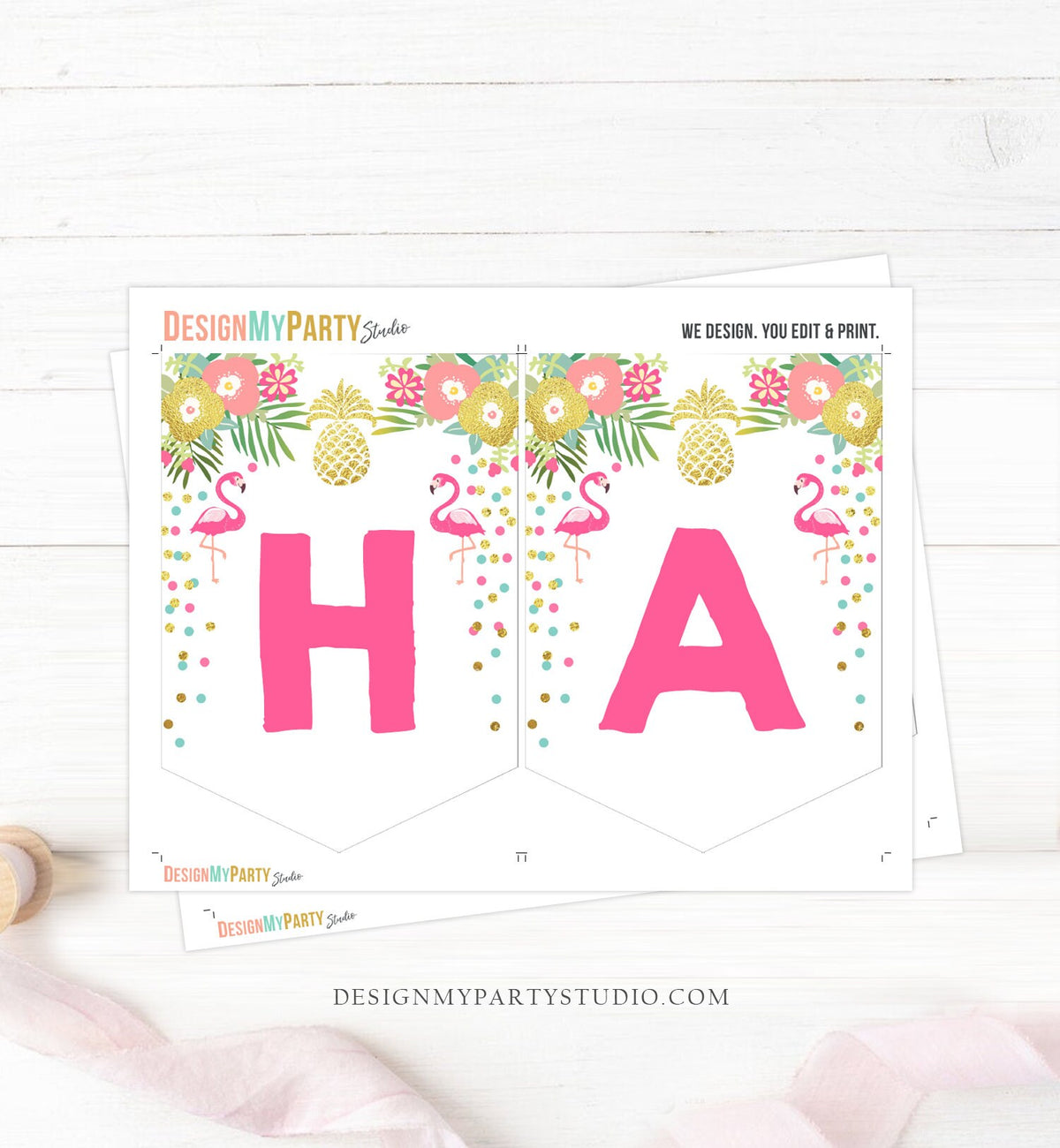 Aloha Happy Birthday Banner Tropical Flamingo Pineapple Gold Pink Confetti Luau Party Hawaiian Leaves Instant Download Printable 0200