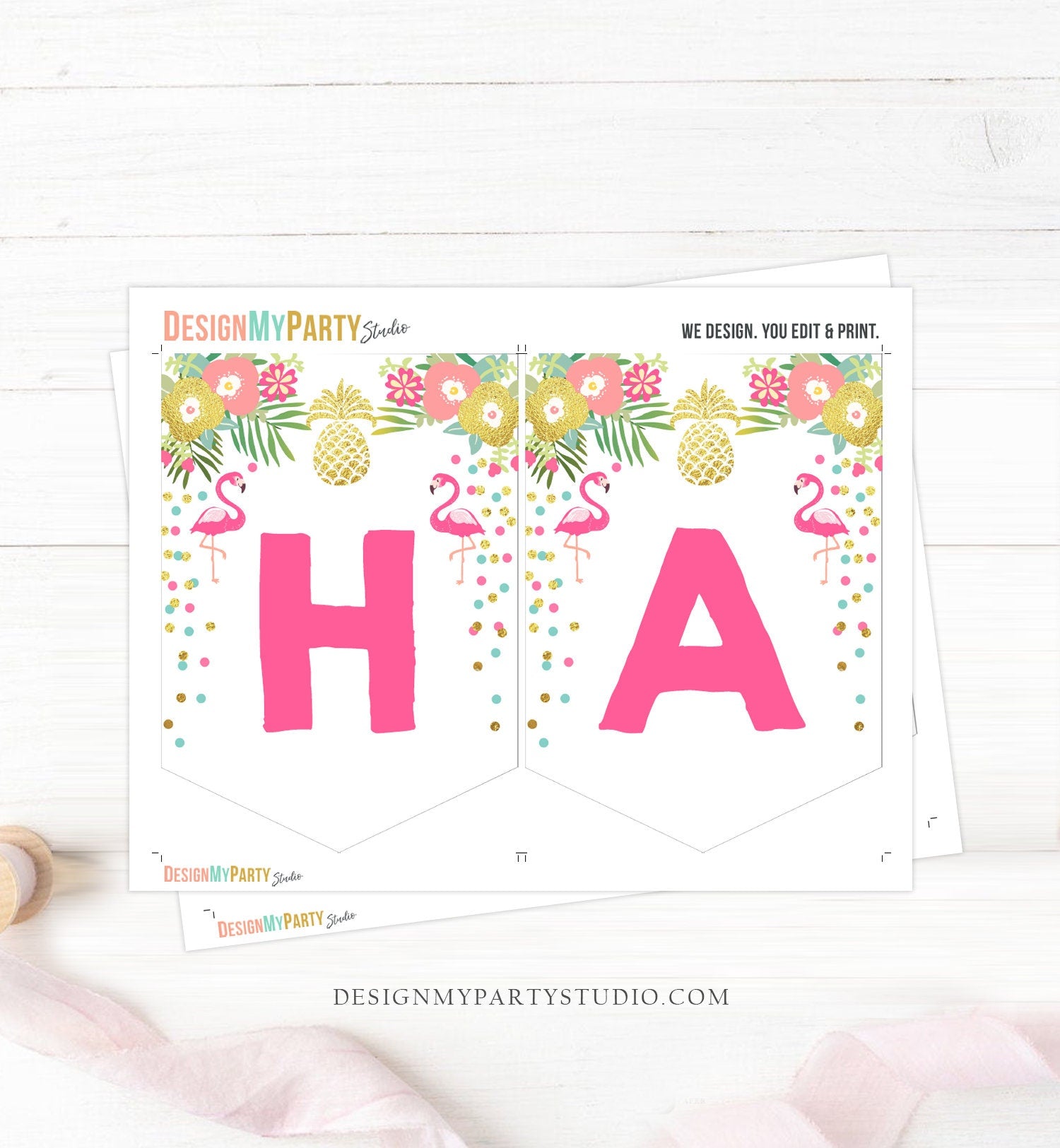 Aloha Happy Birthday Banner Tropical Flamingo Pineapple Gold Pink Confetti Luau Party Hawaiian Leaves Instant Download Printable 0200