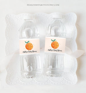 Editable A Little Cutie is on The Way Water Bottle Labels Gender Neutral Baby Shower Clementine Orange Printable Corjl Template 0330
