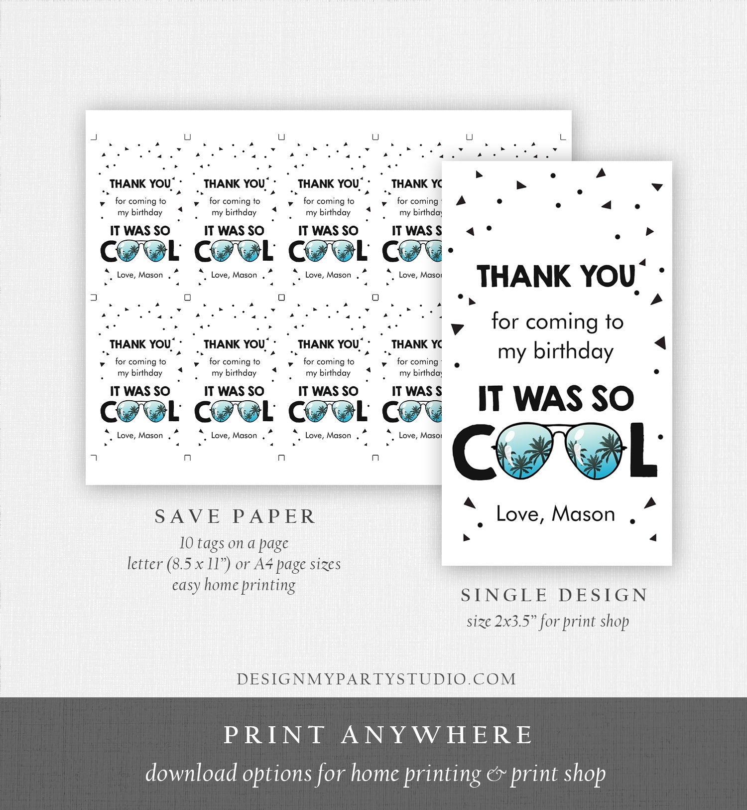 Editable Cool Birthday Favor Tags Thank You Tags Boy Pilot Sunglasses Second Birthday 2nd Gift Tag Corjl Template Printable 0136