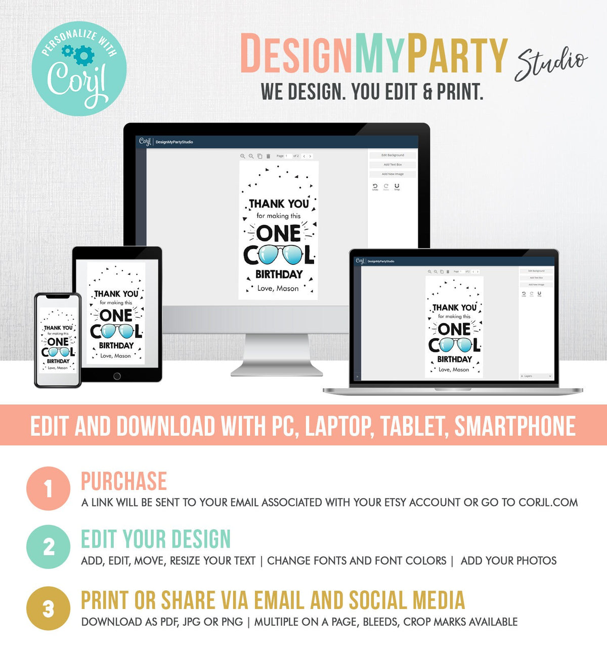 Editable One Cool Dude Favor Tag Birthday Thank You Boy First Birthday 1st Gift Tags Sunglasses Digital Download Template Printable 0136