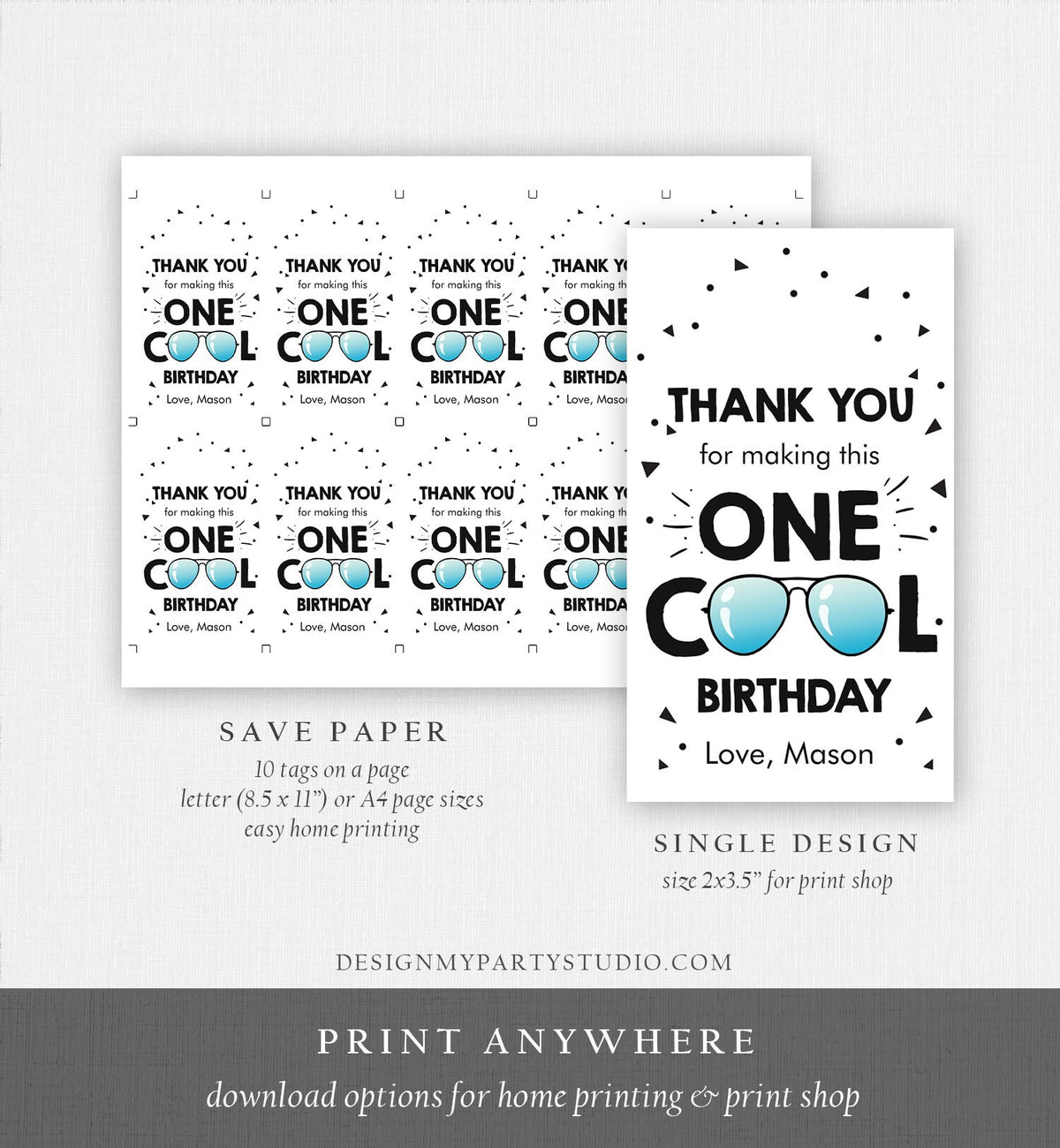 Editable One Cool Dude Favor Tag Birthday Thank You Boy First Birthday 1st Gift Tags Sunglasses Digital Download Template Printable 0136