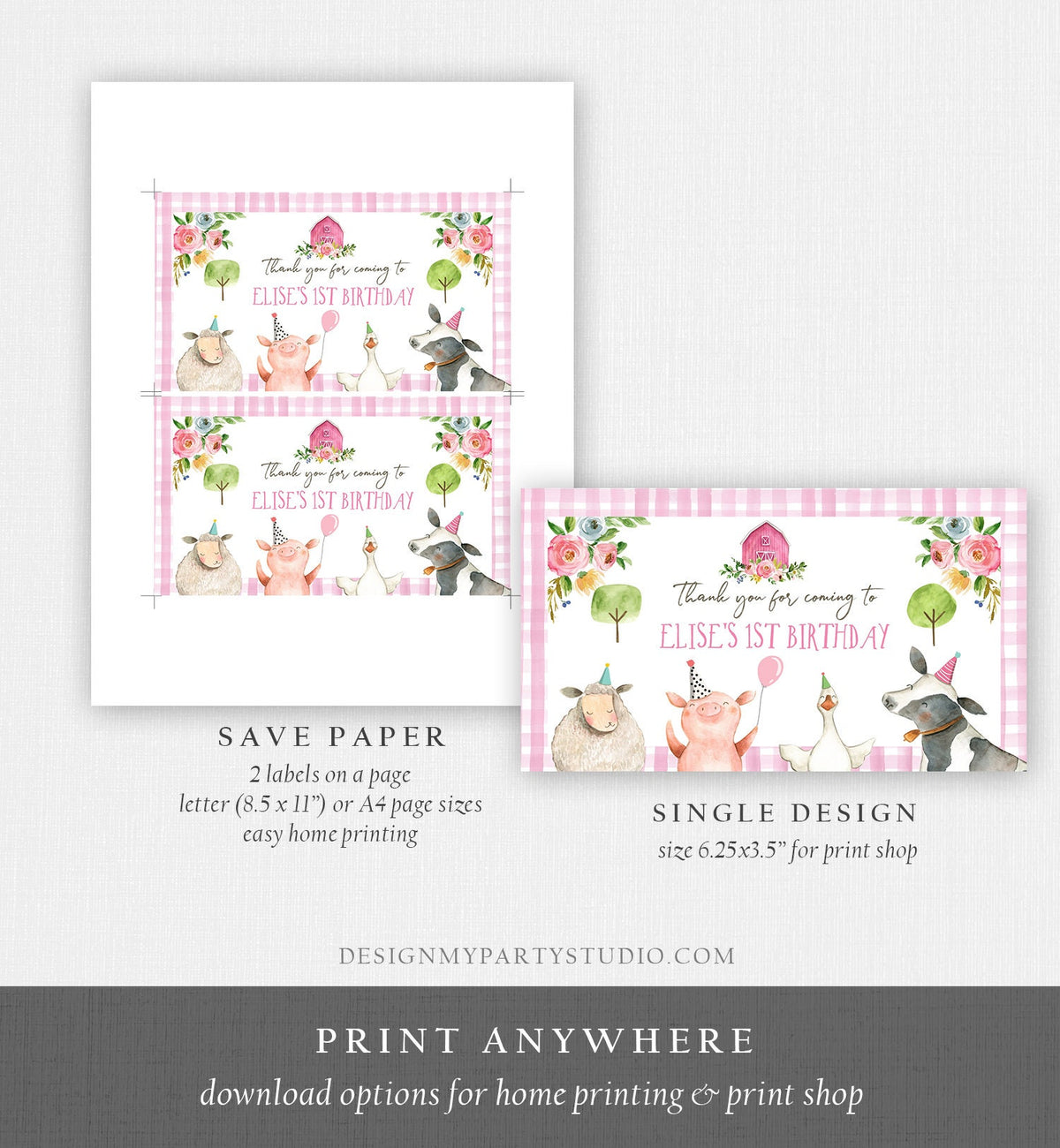 Editable Farm Animals Gable Gift Box Label Pink Farm Birthday Girl Treat Box Label Gingham Barnyard Party Animals Digital Printable 0155