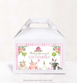 Editable Farm Animals Gable Gift Box Label Pink Farm Birthday Girl Treat Box Label Gingham Barnyard Party Farm Digital Printable Corjl 0155