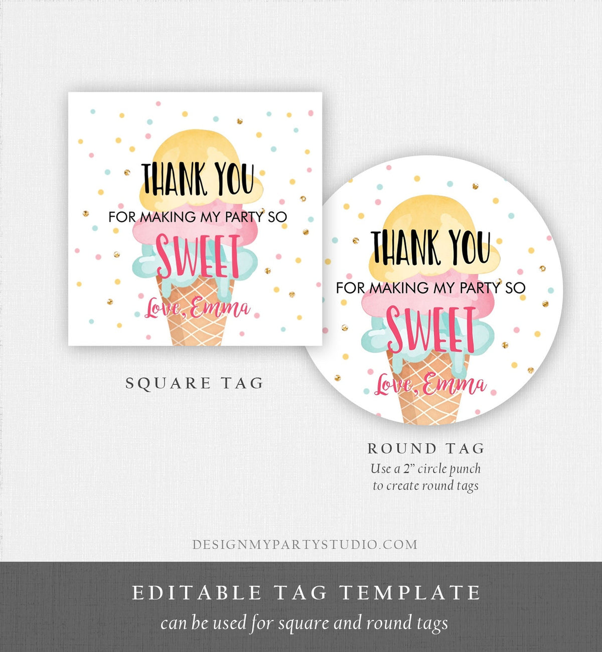 Editable Ice Cream Thank you Tags Round Ice Cream Stickers Ice Cream Birthday Girl Pink Mint Ice Cream Social Favor Tags Template Corjl 0243