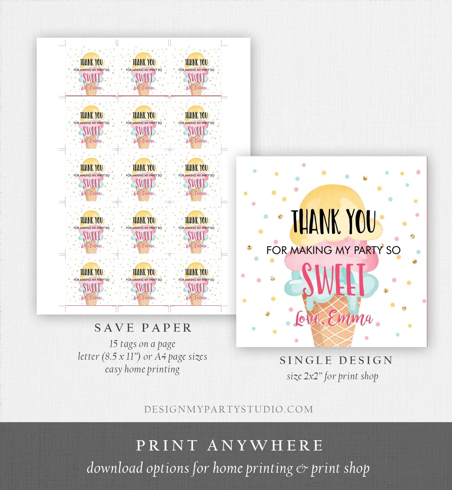 Editable Ice Cream Thank you Tags Round Ice Cream Stickers Ice Cream Birthday Girl Pink Mint Ice Cream Social Favor Tags Template Corjl 0243