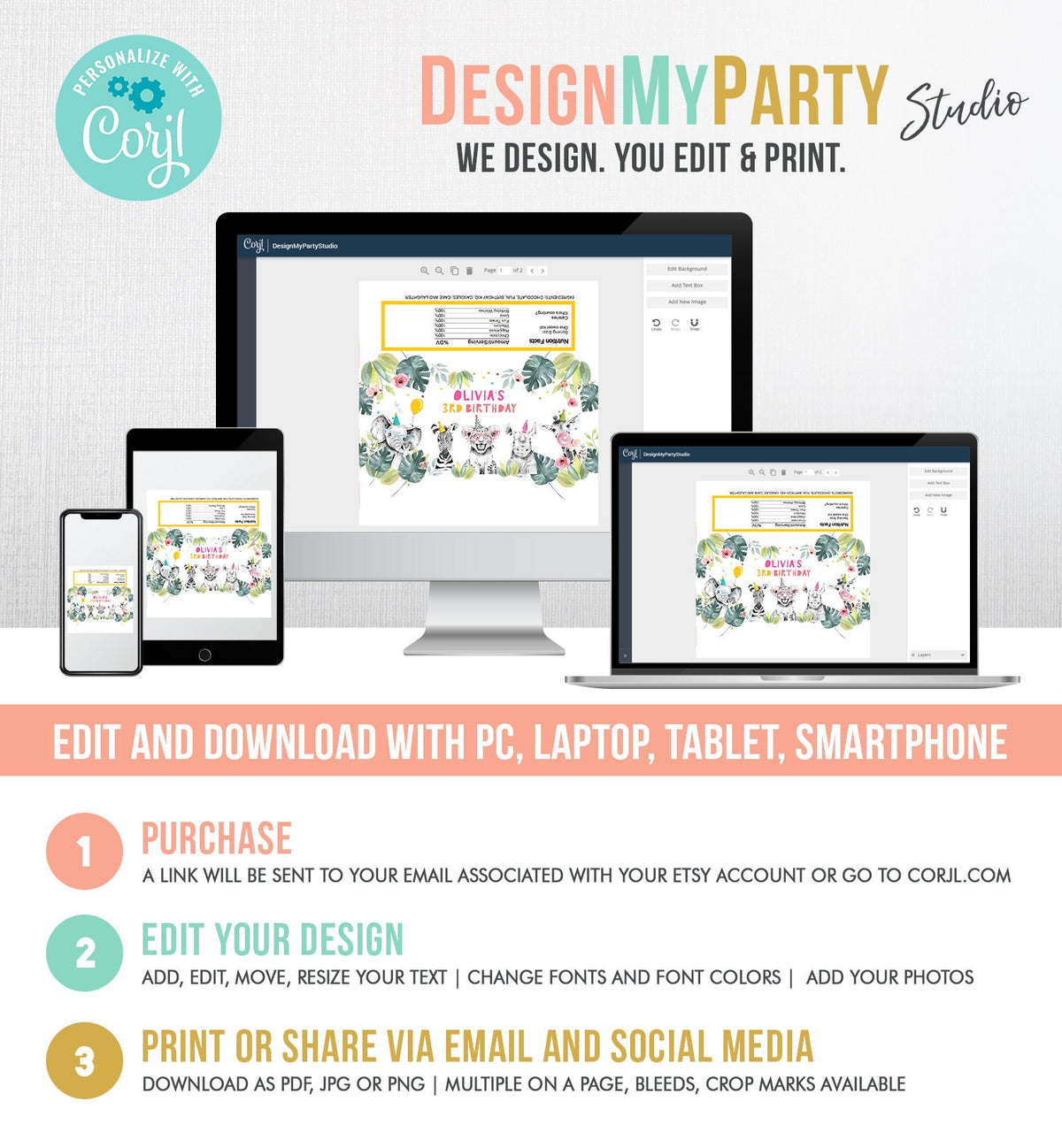 Editable Candy Bar Wrapper Party Animals Birthday Chocolate Bar Wrapper Safari Birthday Favors Jungle Girl Template PRINTABLE Corjl 0322