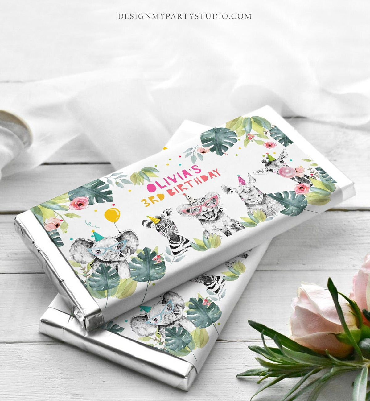 Editable Candy Bar Wrapper Party Animals Birthday Chocolate Bar Wrapper Safari Birthday Favors Jungle Girl Template PRINTABLE Corjl 0322