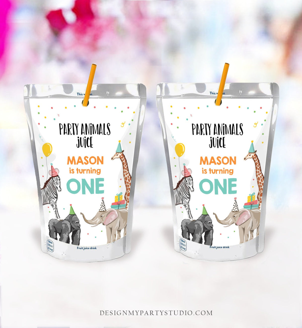 Editable Party Animals Juice Pouch Label Juice Favors Party Animals Birthday Boy Zoo Wild One Digital Download Template Printable 0142
