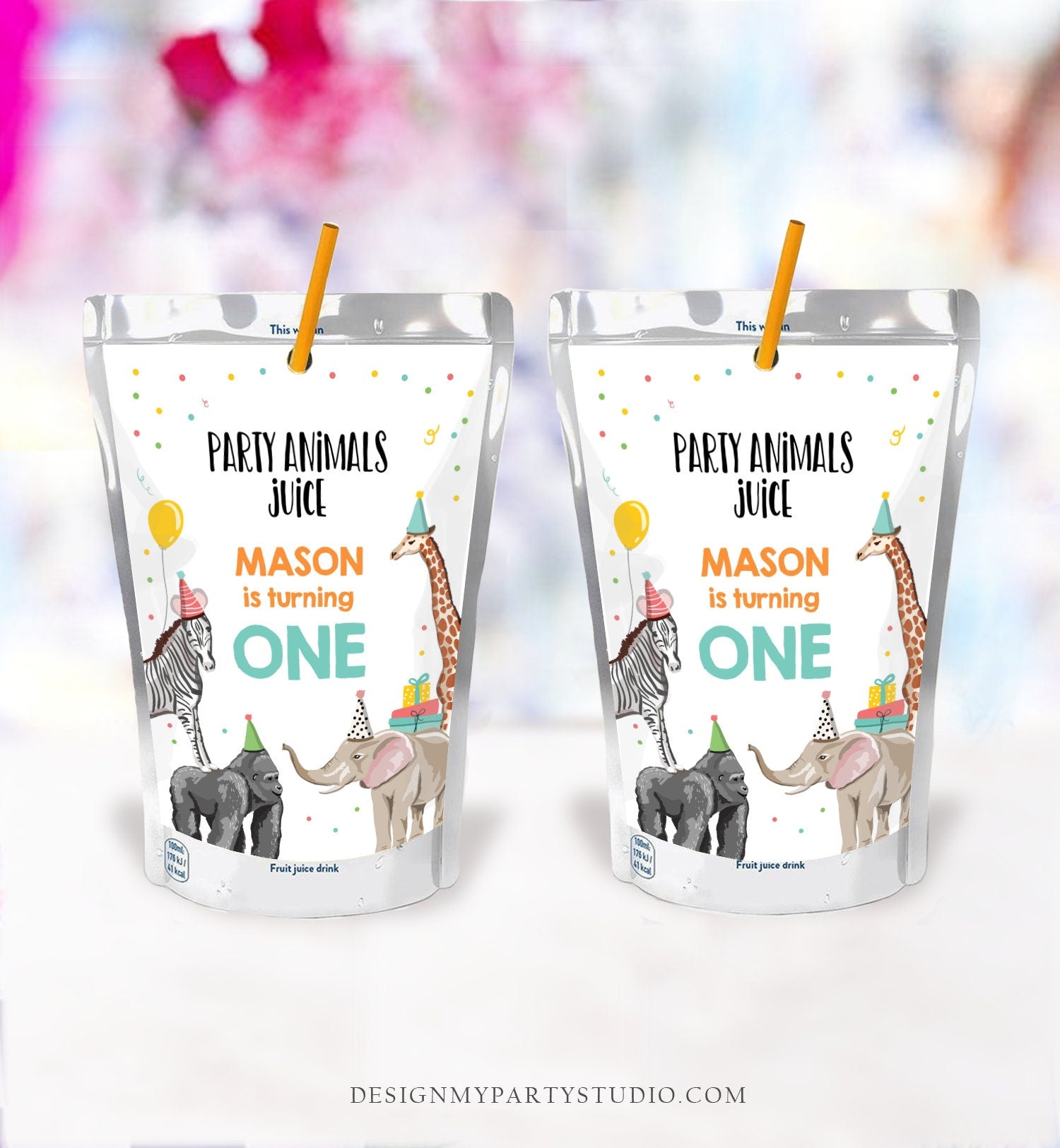 Editable Party Animals Juice Pouch Label Juice Favors Party Animals Birthday Boy Zoo Wild One Digital Download Template Printable 0142