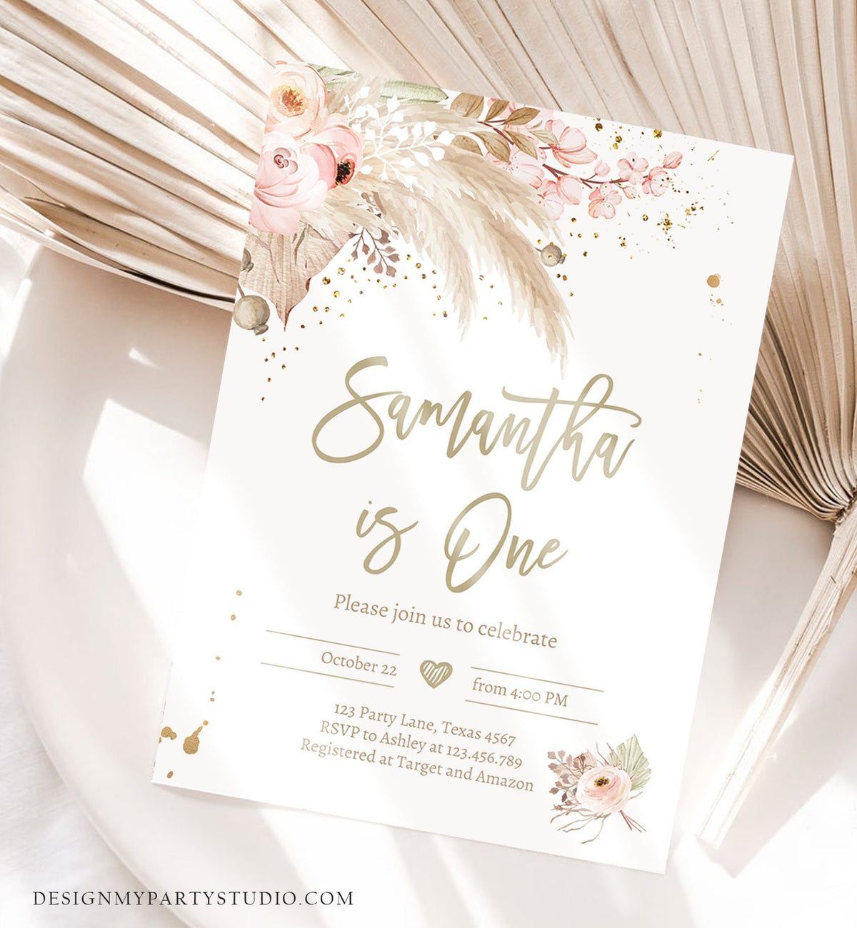 Editable Pampas Grass Birthday Invitation Boho Birthday Invite Bohemian Girl Muted Rustic Digital Download Evite Template Printable 0395