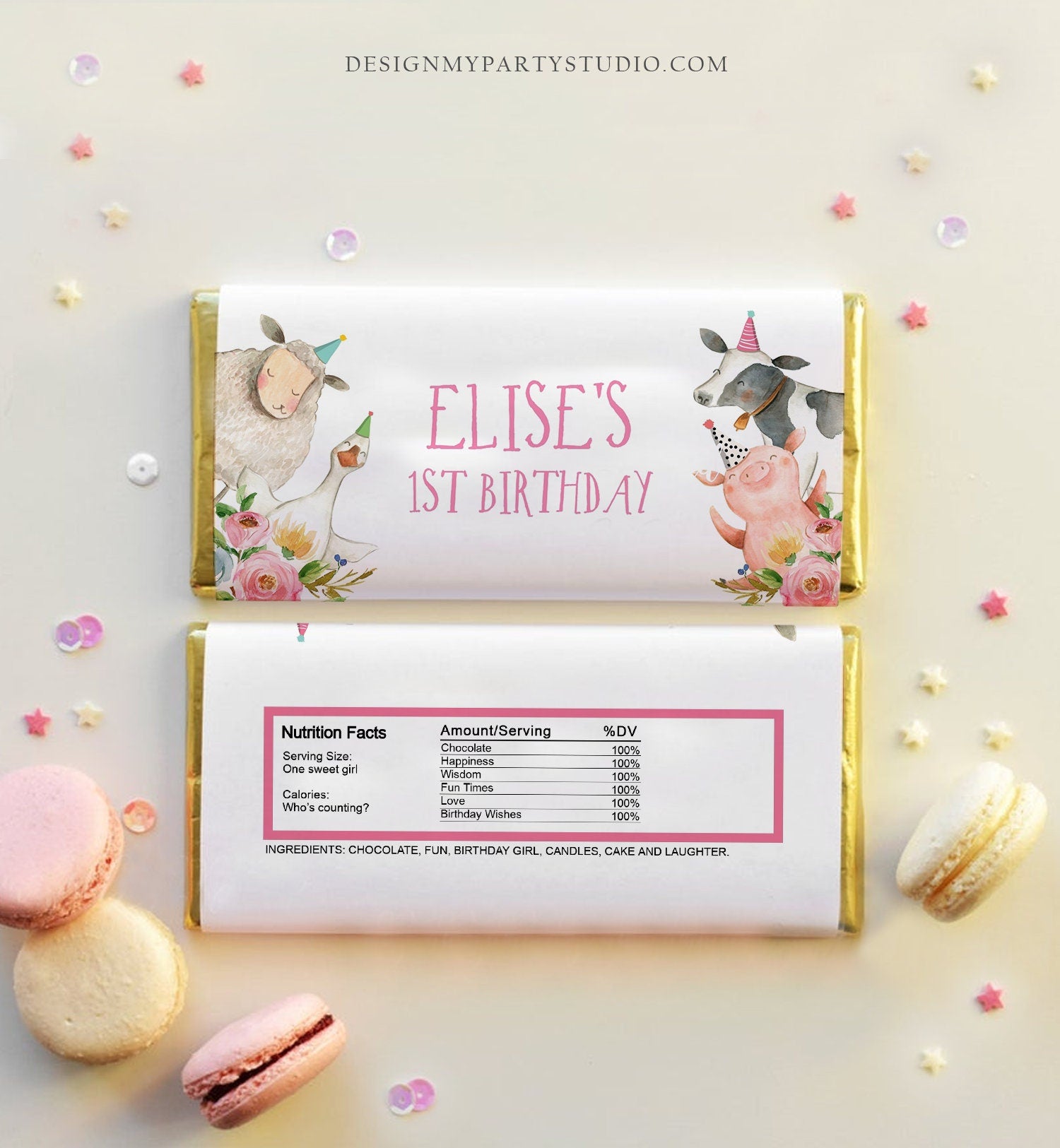 Editable Candy Bar Wrapper Farm Animals Birthday Candy Wrapper Party Animals Favors Party Girl Barnyard Thank You Template Printable 0155