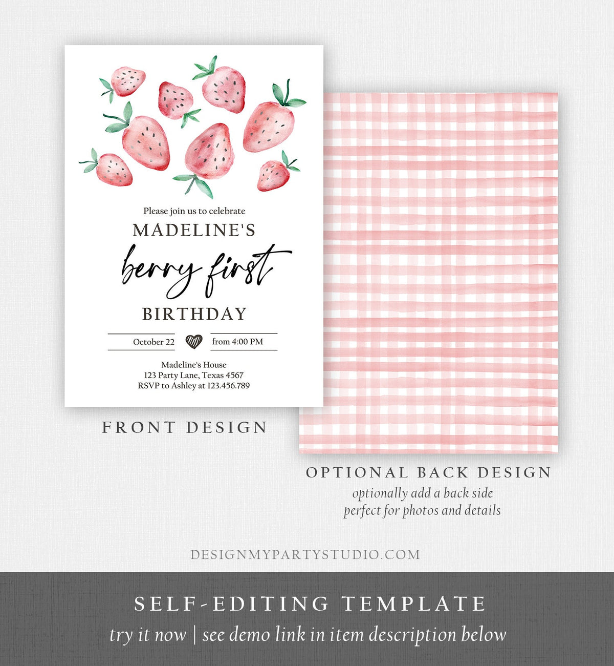 Editable Strawberry Birthday Invitation First Birthday Berry Sweet Girl Cute Strawberries 1st Download Printable Template Corjl Digital 0399