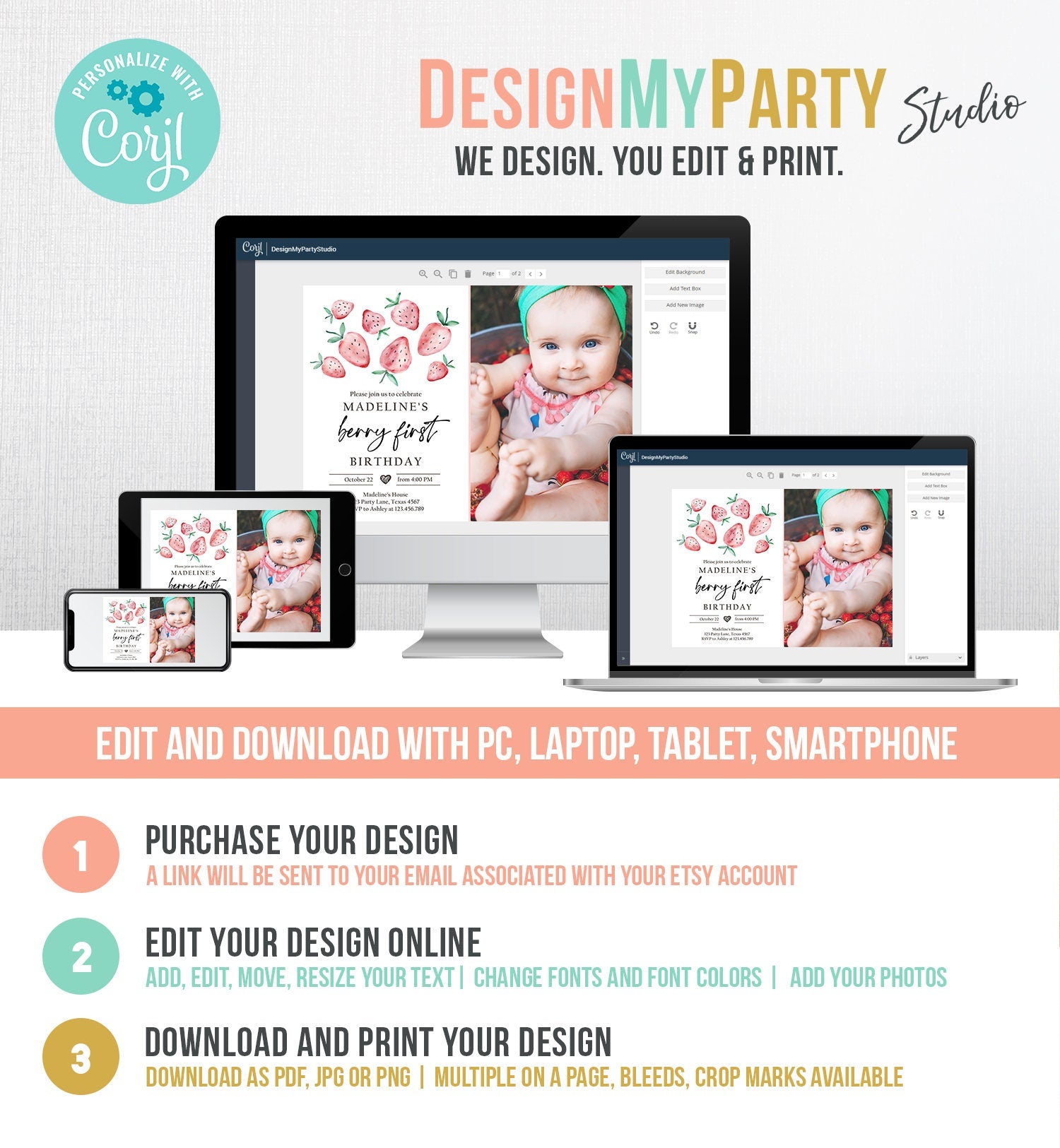 Editable Strawberry Birthday Invitation First Birthday Berry Sweet Girl Cute Strawberries 1st Digital Download Evite Template Printable 0399