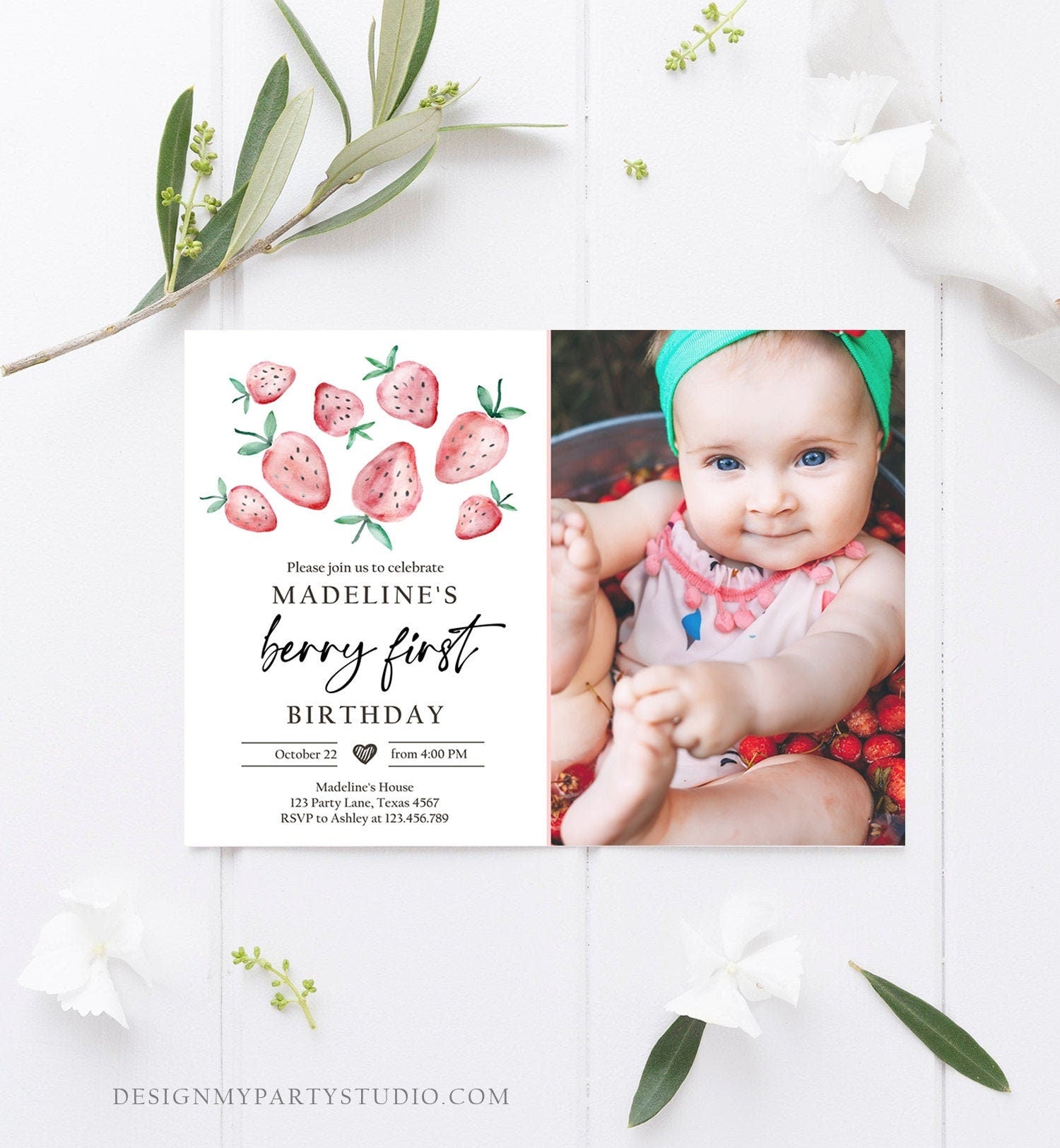 Editable Strawberry Birthday Invitation First Birthday Berry Sweet Girl Cute Strawberries 1st Digital Download Evite Template Printable 0399