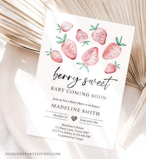 Editable Strawberry Baby Shower Invitation Cute Berry Sweet Baby Girl Strawberries Summer Download Printable Template Corjl Digital 0399