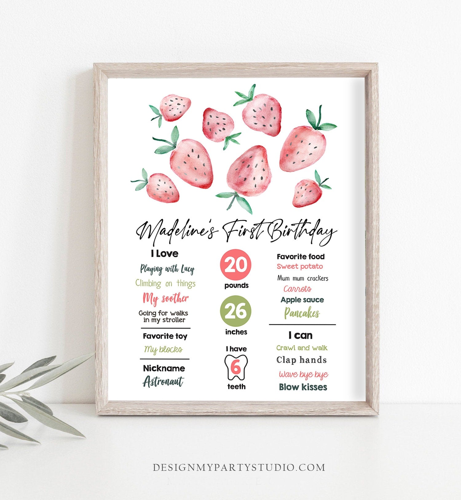 Editable Strawberry Birthday Milestones Sign Strawberry First Birthday Girl Strawberries Watercolor Digital Download Template Printable 0399