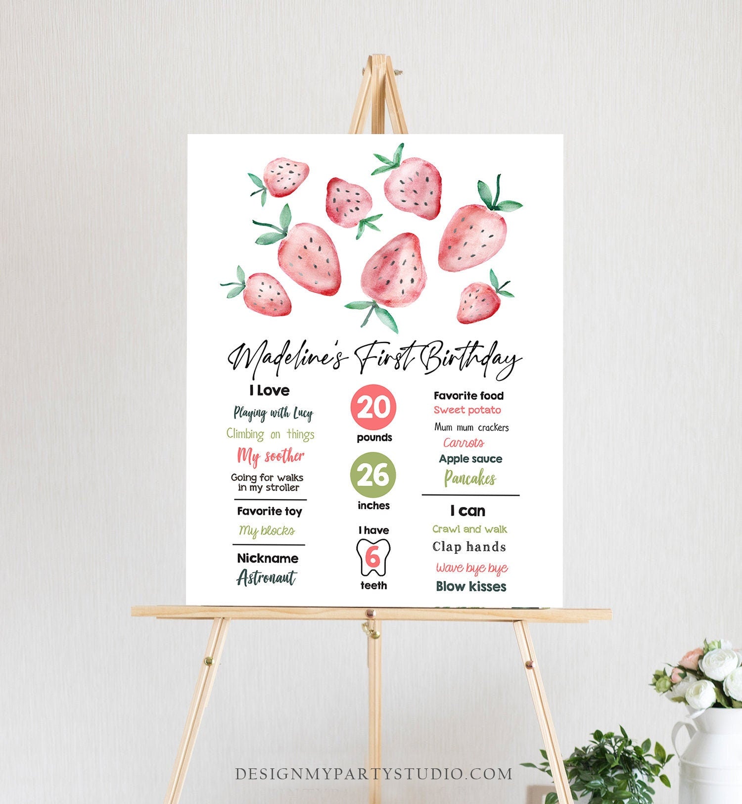 Editable Strawberry Birthday Milestones Sign Strawberry First Birthday Girl Strawberries Watercolor Digital Download Template Printable 0399