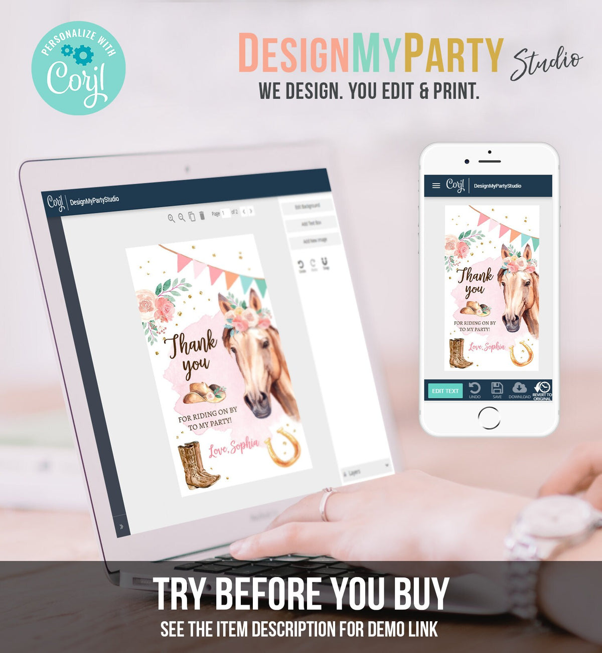 Editable Cowgirl Favor Tag Girl Horse Pony Birthday Party Thank You Gift Tag Watercolor Saddle Up Digital Download Template Printable 0398