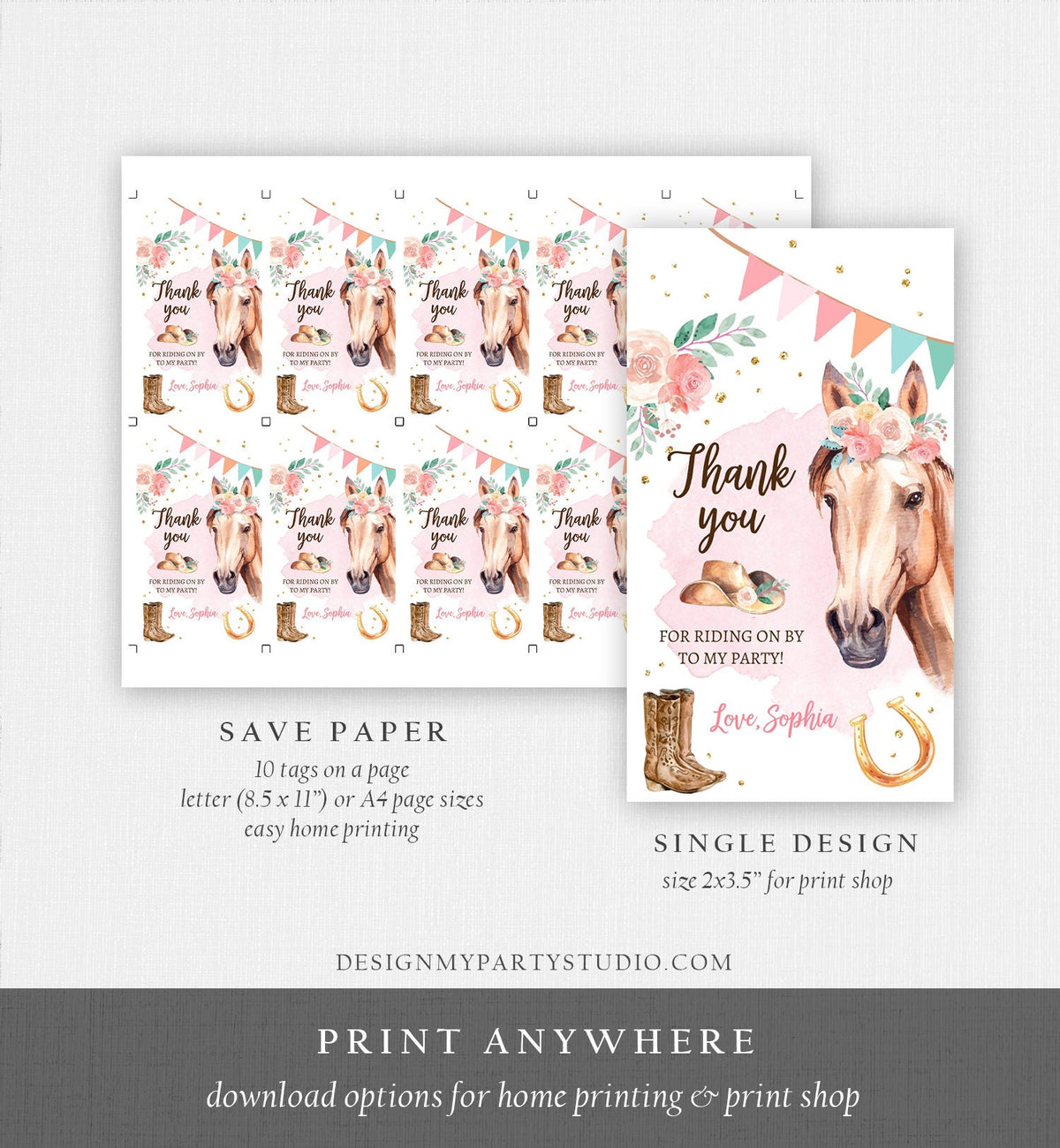 Editable Cowgirl Favor Tag Girl Horse Pony Birthday Party Thank You Gift Tag Watercolor Saddle Up Digital Download Template Printable 0398