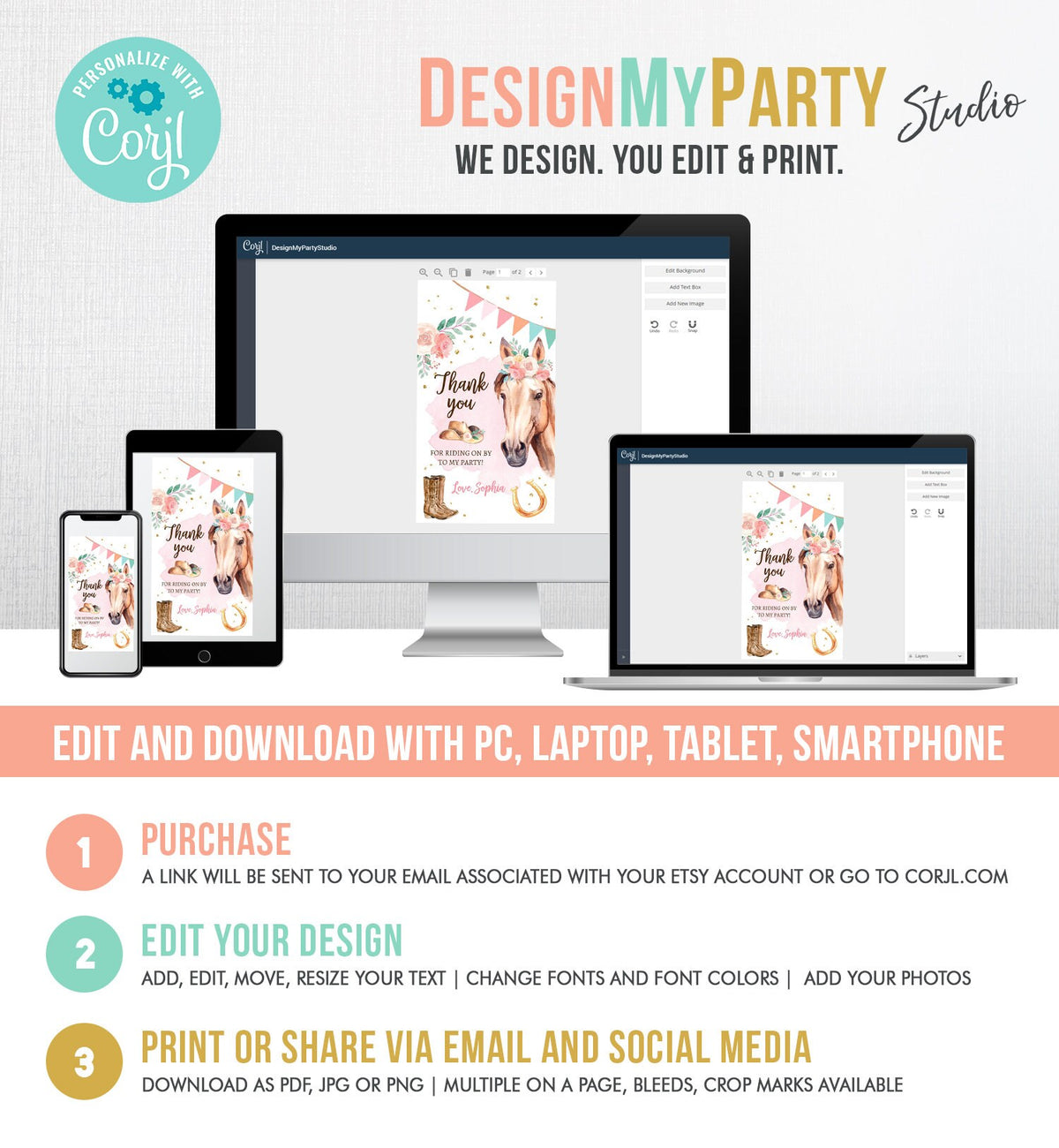 Editable Cowgirl Favor Tag Girl Horse Pony Birthday Party Thank You Gift Tag Watercolor Saddle Up Digital Download Template Printable 0398