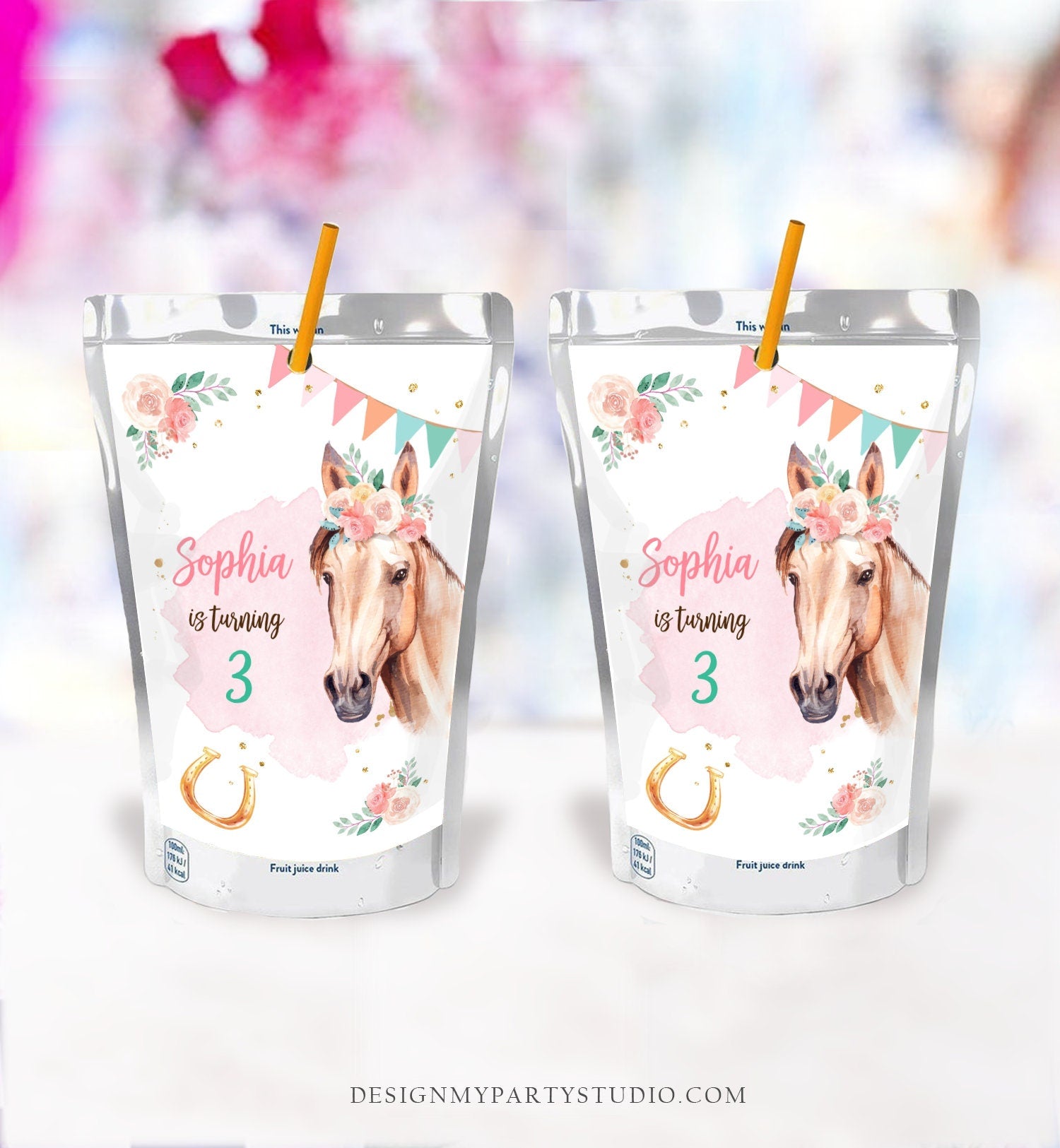 Editable Horse Birthday Juice Pouch Label Juice Favors Cowgirl Party Girl Birthday Decor Floral Digital Download Template Printable 0398
