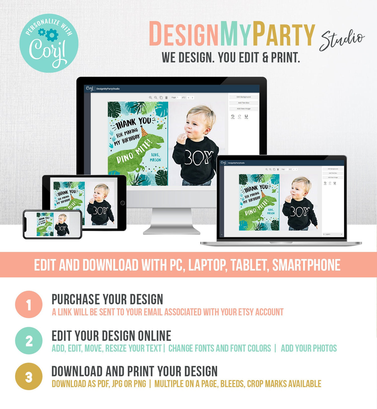 Editable Dinosaur Thank You Card Birthday Boy Black Green Gold Dino Party T-Rex Photo Digital Download Evite Template Printable 0389