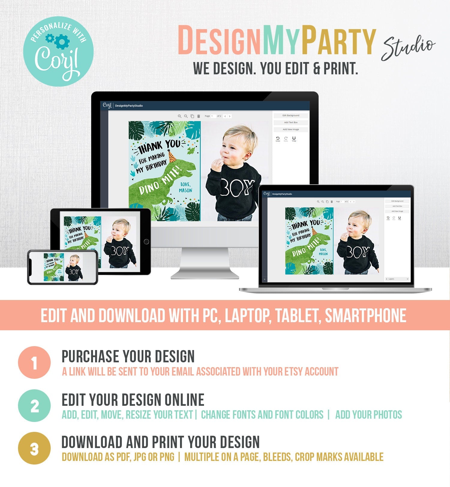 Editable Dinosaur Thank You Card Birthday Boy Black Green Gold Dino Party T-Rex Photo Digital Download Evite Template Printable 0389