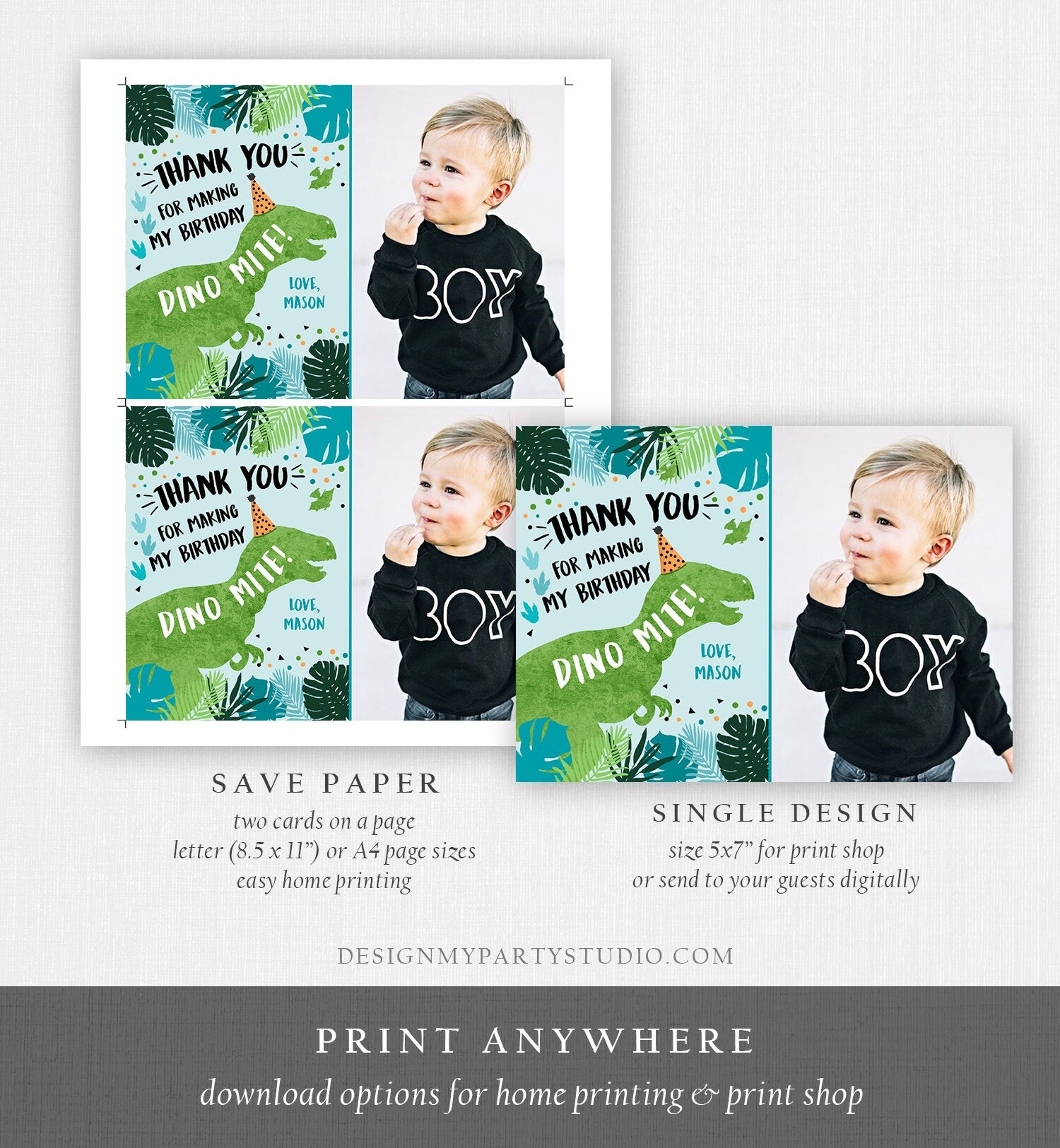 Editable Dinosaur Thank You Card Birthday Boy Black Green Gold Dino Party T-Rex Photo Digital Download Evite Template Printable 0389