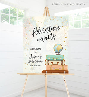 Editable Adventure Awaits Welcome Sign Baby Shower Traveling Around the World Travel Adventure Bridal Shower Floral Blue Corjl Template 0263