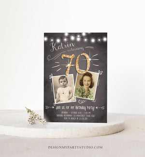 Editable 70th Birthday Invitation ANY AGE Chalkboard Rustic Adult Seventy Photo Vintage Gold Glitter Jubilee Anniversary Corjl Template 0230