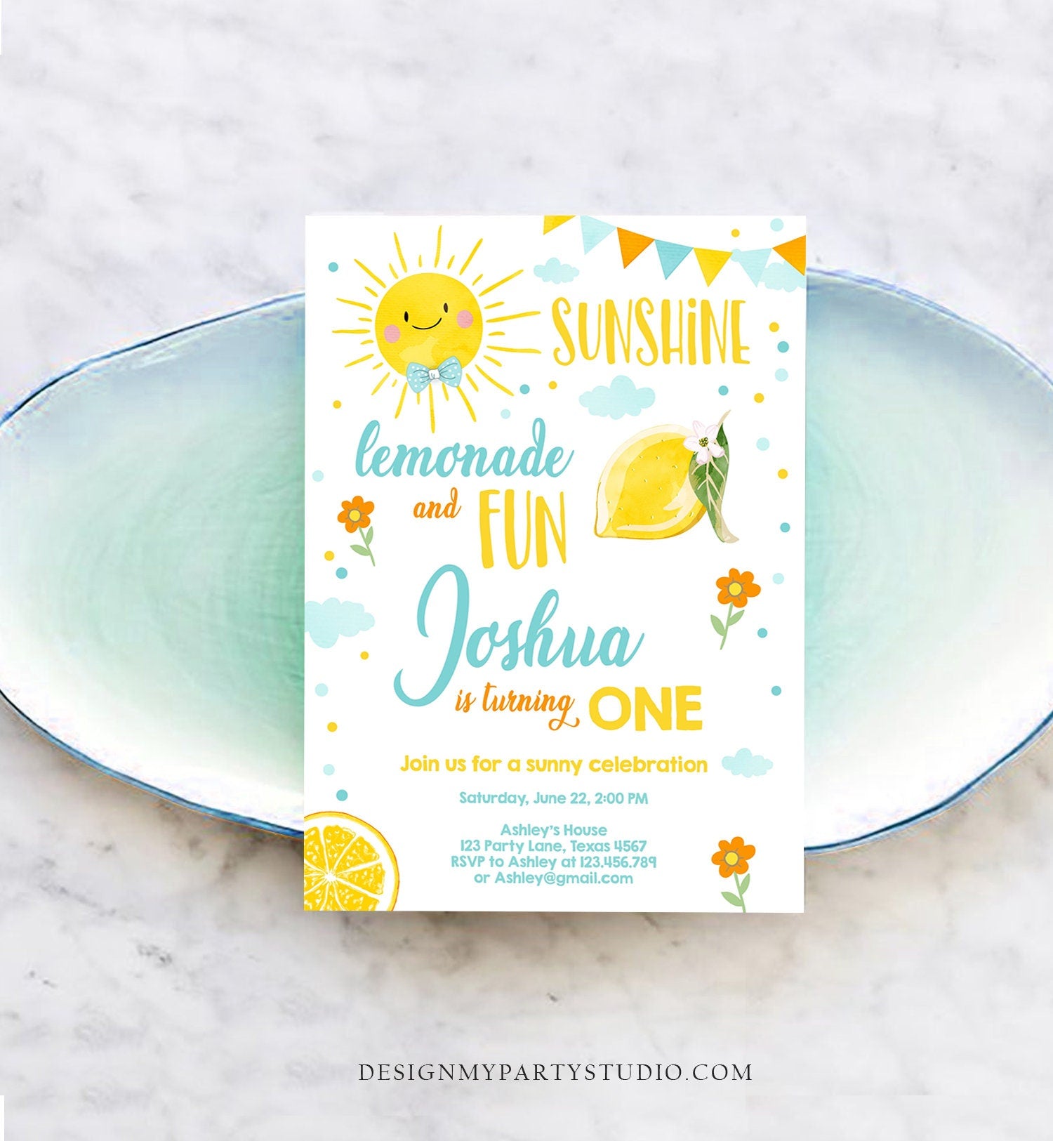 Editable Sunshine Lemonade Birthday Invitation Boy Blue Orange Sunshine Party Lemonade First 1st Digital Evite Template Printable 0141