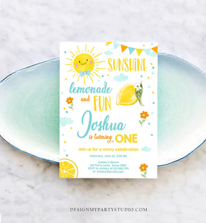 Editable Sunshine Lemonade Birthday Invitation Boy Blue Orange Sunshine Party Lemonade Invitation 1st Birthday Printable Template Corjl 0141