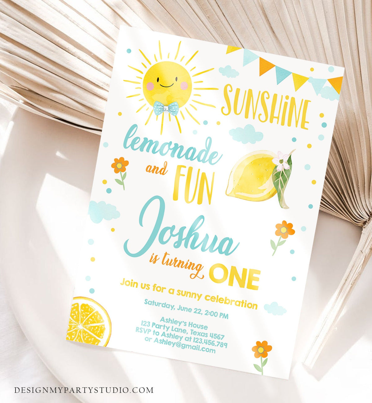Editable Sunshine Lemonade Birthday Invitation Boy Blue Orange Sunshine Party Lemonade First 1st Digital Evite Template Printable 0141