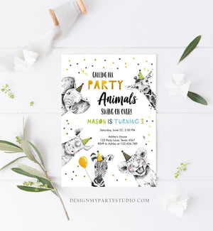 Editable Party Animals Birthday Invitation Wild One Animals Invitation Zoo Safari Animals Boy Download Printable Invite Template Corjl 0390