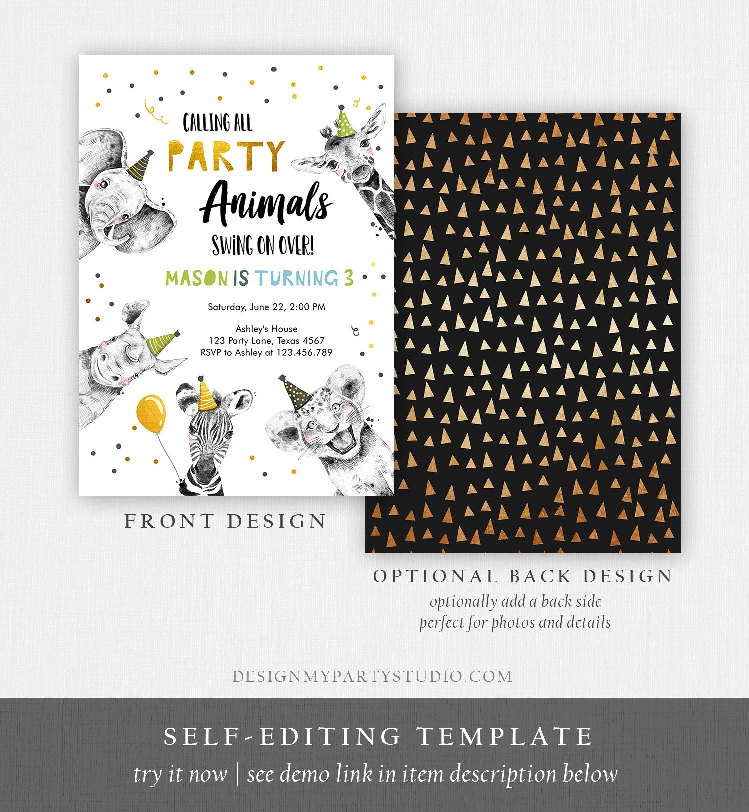 Editable Party Animals Birthday Invitation Wild One Animals Zoo Safari Animals Boy Digital Download Evite Template Printable 0390