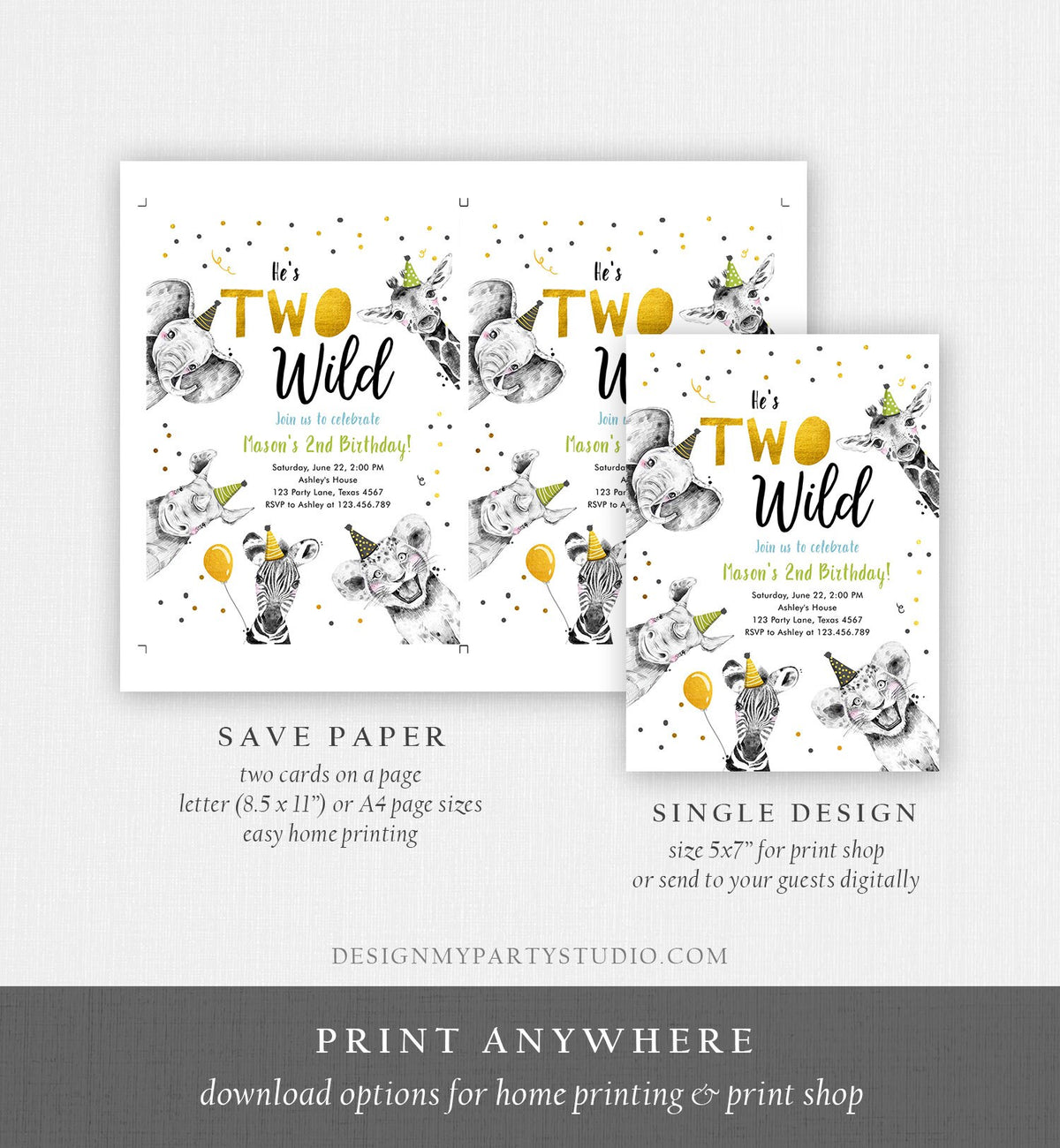 Editable Two Wild Birthday Invitation Safari Animals Party Animals Boy Green Gold Second Birthday 2nd Digital Evite Template Printable 0390