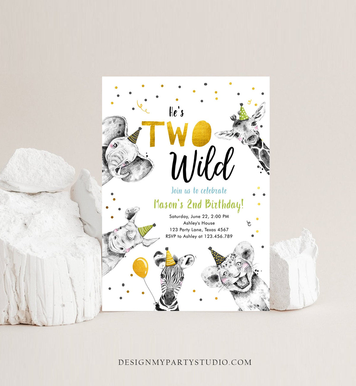 Editable Two Wild Birthday Invitation Safari Animals Party Animals Boy Green Gold Second Birthday 2nd Digital Evite Template Printable 0390